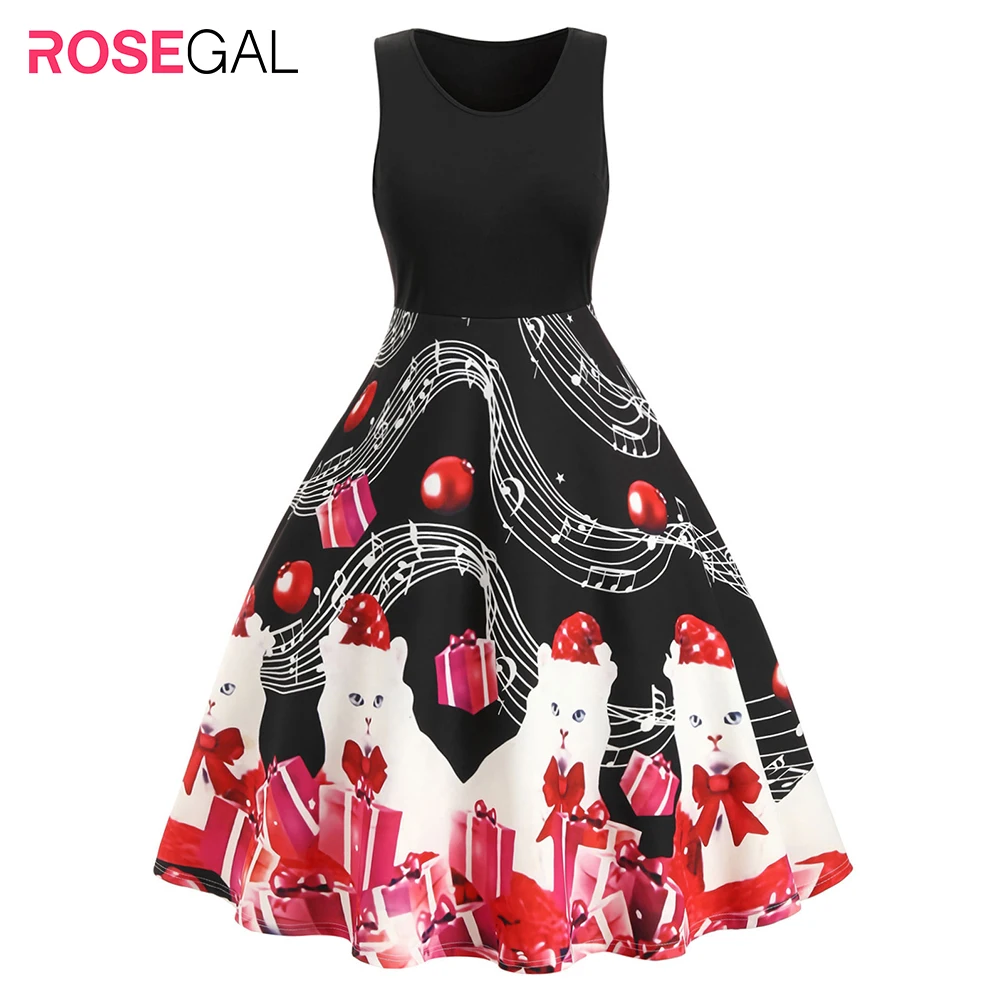 ROSEGAL, рождественское платье, женское, плюс размер, музыкальная нота, кошка, подарок, принт, подходит, расклешенное платье, Ретро стиль, без рукавов, платье трапециевидной формы, винтажное платье