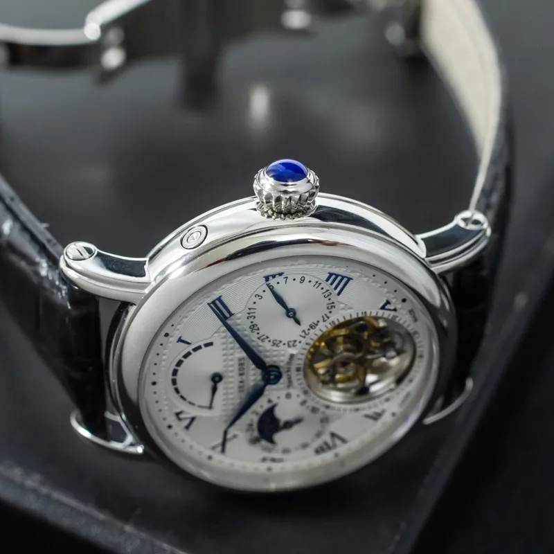 Moonphase Sapphire Crystal Alligator Leather Tourbillion Wrist Watch - novariancreations.com