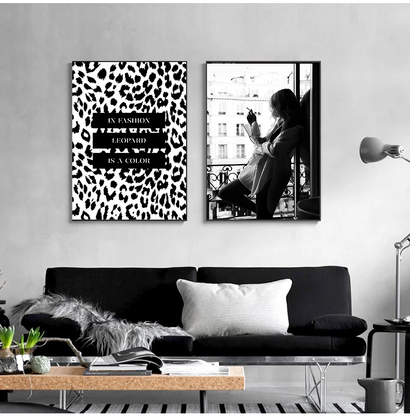 Window Poster Leopard Color Fashion Canvas Painting Wall Art Beauty Quotes Pictures Home Decor Black White Smoking Woman By The