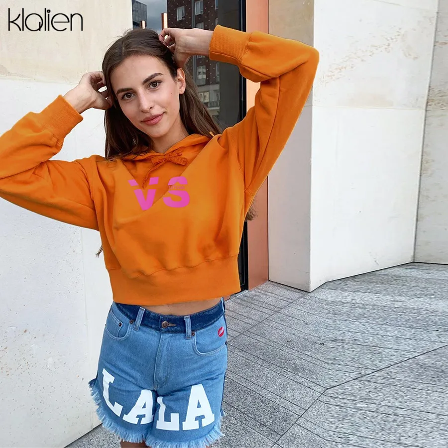 KLALIEN толстовки свободная, с принтом в виде надписи женские с капюшоном с длинным рукавом короткие толстовки новые осенние женские модные повседневные уличные