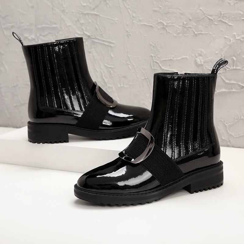 Trendy Full Grain Cow Leather Ankle Boots For Ladies Size 34-42 Big Metal Square Buckled Booties Women Biker Shoes Autumn