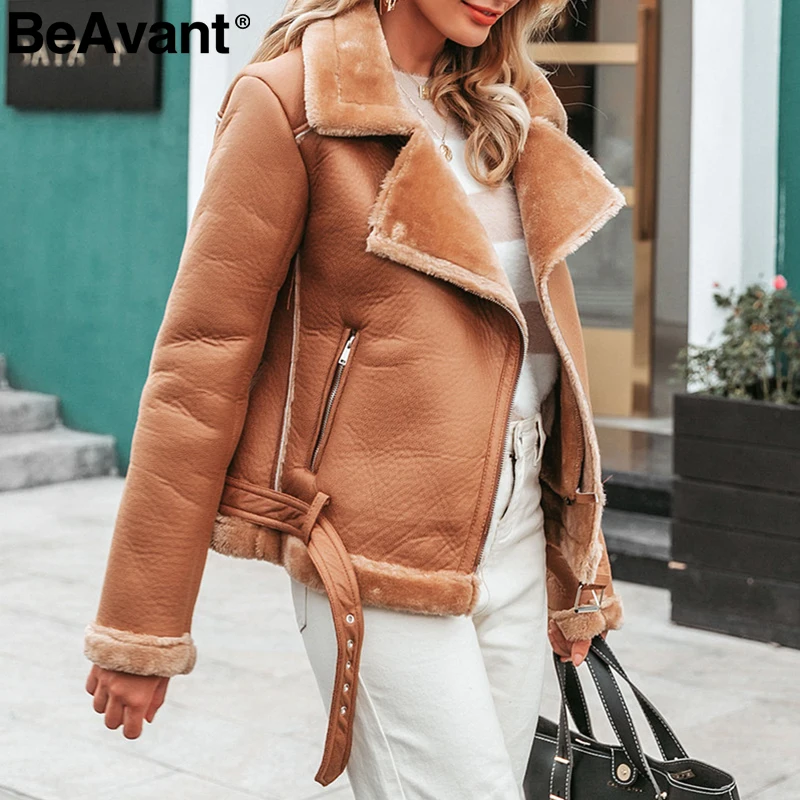 BeAvant, осенне-зимняя меховая куртка из искусственной кожи, Женская Повседневная толстая верхняя одежда, Женское пальто, винтажное, на молнии, с поясом, женское теплое пальто
