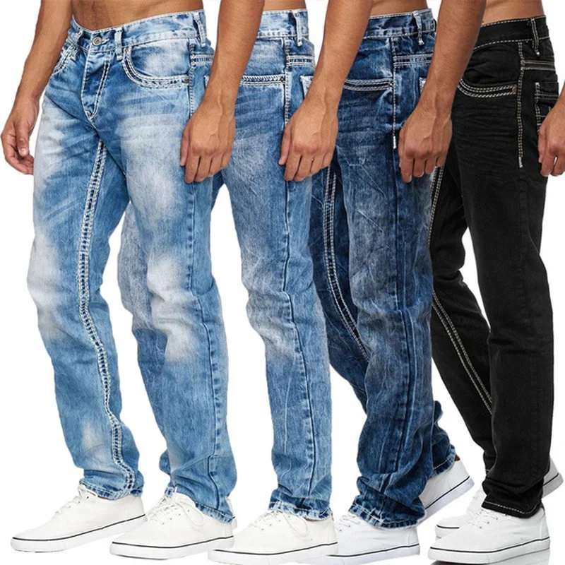 Jeans de moda de los hombres de alta cintura Jeans ajustados para hombre Denim novio pantalones primavera otoño recto Biker Negro Azul pantalones de Jean