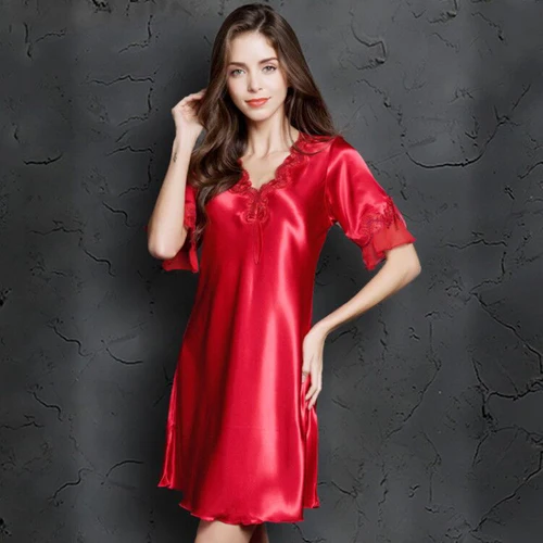 Одежда для сна с v-образным вырезом ночная рубашка версия Ice Silk с Коротким Рукавом Кружевная юбка Ночная сексуальная пижама женское шелковое белье платье для сна - Цвет: Красный