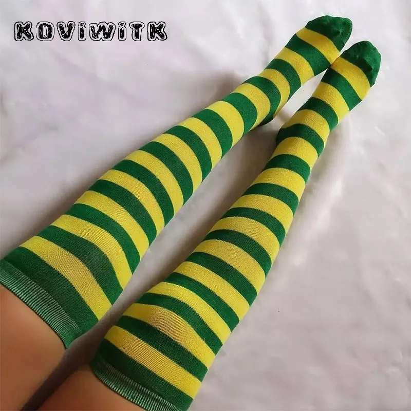 Green yellow Радужные чулки до колена для женщин s Sox сексуальные длинные чулки до бедра в полоску размера плюс красные \ черные компрессионные зимние женские чулки для девочек - Цвет: Green yellow