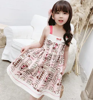 

kids dress baby girls clothes 2020 Sweet suspender dress cute cake chocolate pattern print dress cotton soft dress for girls