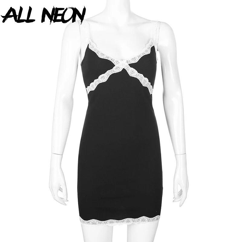 ALLNeon E-girl Y2K Spaghetti Strap V-neck Black Camis Dresses 90s Vintage Chic Criss-cross with Lace Ribbed Mini Party Dress
