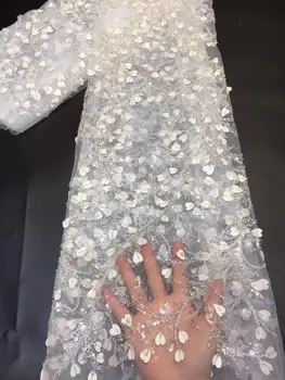 

2020 new luxury 5-yard glass bead sequins bridal fabric pure white Indian royal wedding lace fabric YYZ26313