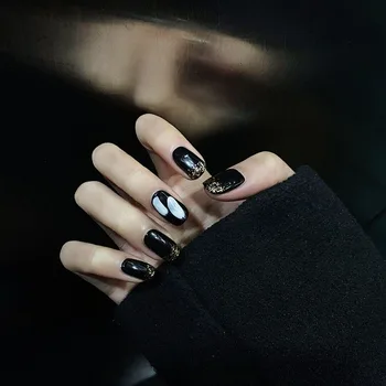 

24pcs Black False Nails with Gold Powder Pink Style Scrawl Round Full Nail Tips for Halloween Christmas Cosplay Party