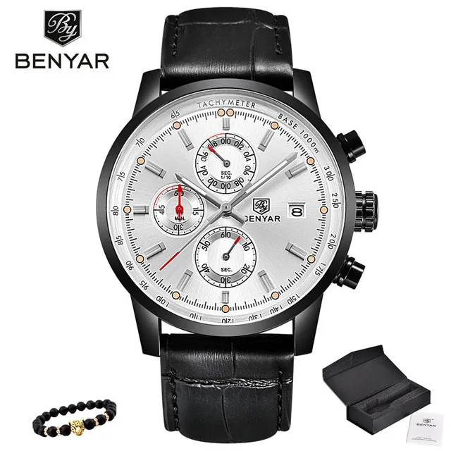 BENYAR, мужские часы, Роскошные, Топ бренд, кварцевые часы с хронографом, модные, спортивные, Автоматическая Дата, кожа, мужские часы, Relogio Masculino - Цвет: White
