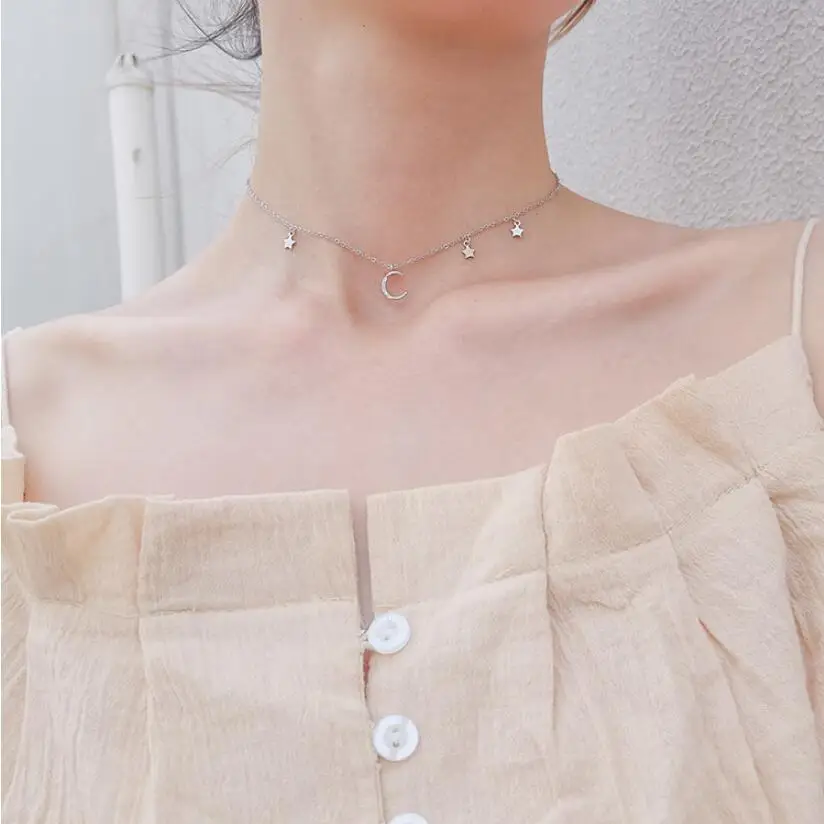 

Exquisite Micro Zircon Moon Star Pendants Necklaces For Women Trend Short Clavicle Chain 925 Sterling Silver Jewelry SAN149