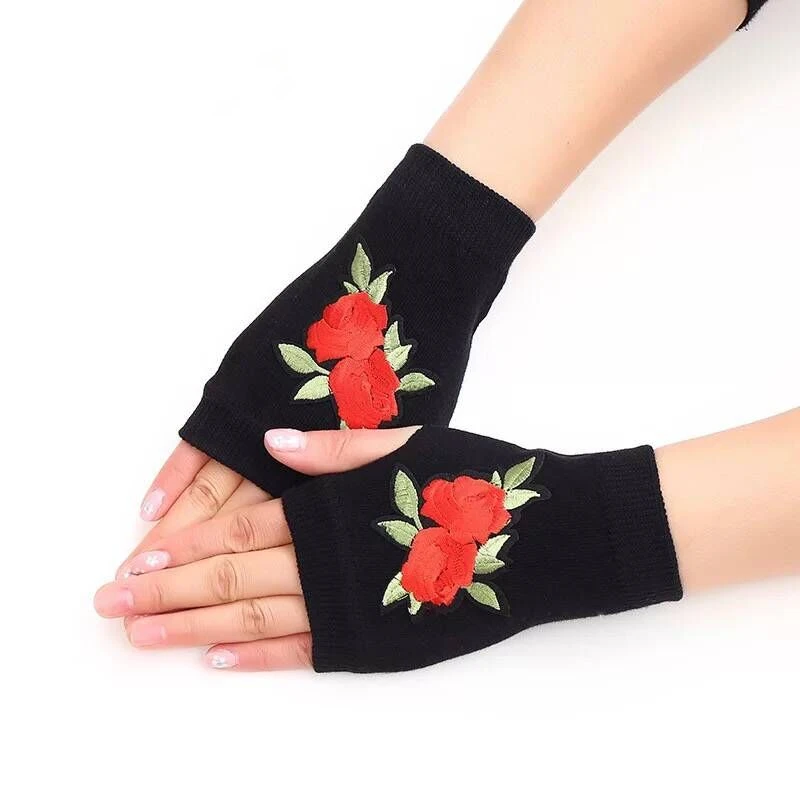 Green Leaf Rose Мусульманские черные перчатки женские Короткие наручные перчатки без пальцев с вышивкой розы Защитные женские аксессуары - Цвет: Green Leaf Rose