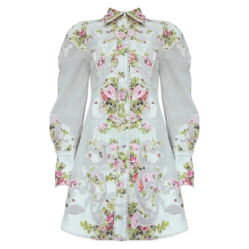 as picture TWOTWINSTYLE платье с цветочной вышивкой для женщин, воротник с лацканами, рукав-фонарик, высокая талия, Мини винтажные платья для женщин, новинка - Цвет: as picture