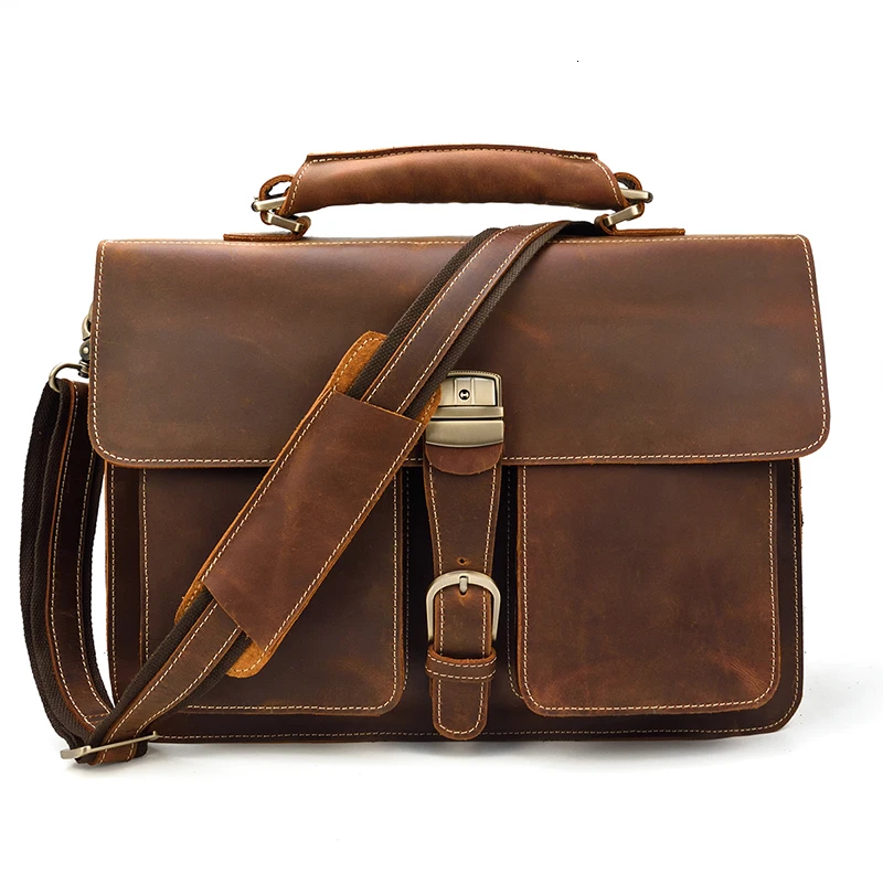 Винтажный Мужской портфель из натуральной кожи 16 "яловая деловая сумка из коровьей кожи для ноутбука двухслойная сумка-мессенджер сумка