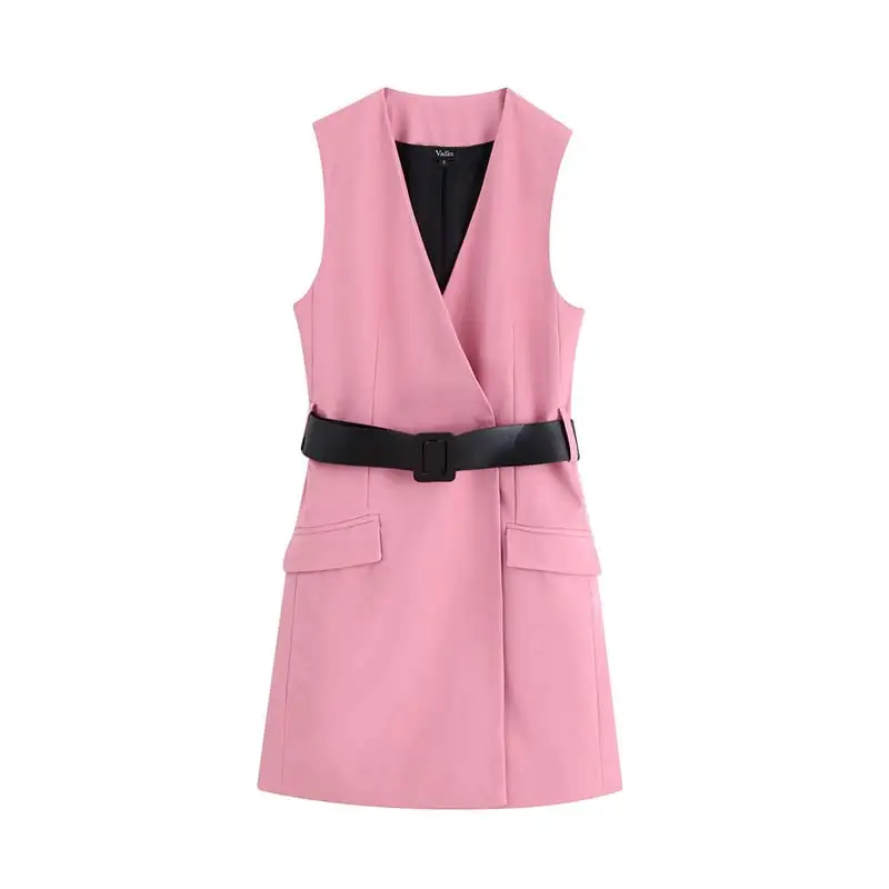 Женское элегантное платье vadim, офисное платье, v-образный вырез, дизайн ремня, без рукавов, карманы, женские модные шикарные Розовые Мини платья, vestidos QC652 - Цвет: pink
