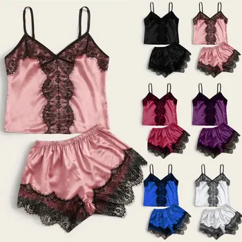 

Sexy Lingerie Women's Pajamas Set Satin Lace Camis Shorts Nightwear Sexy Underwear Babydoll Lenceria Mujer Erotic Home Clothes