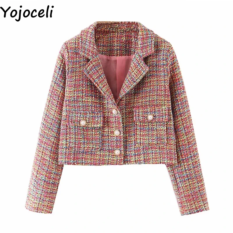 Yojoceli Pearl button autumn tweed skirt suit Winter casual cool elegant suit skirt women Cool fashion pockets skirt jacket