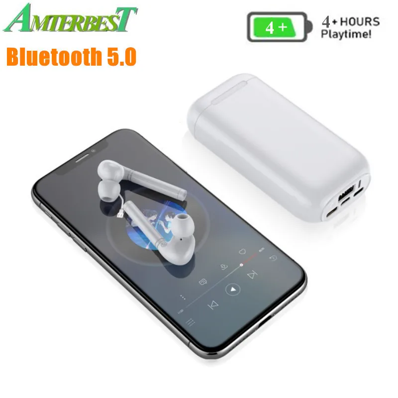

AMTERBEST Wireless Earphone Bluetooth V5.0 TWS Headphone Stereo Earbud with 4000mAh Power Bank Headset with Microphone for Phone