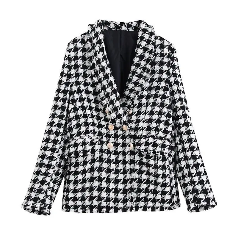 

Vintage Houndstooth Plaid Tweed Jacket Button Women Double Breasted Pocket Long Sleeve Coat Casaco Femme