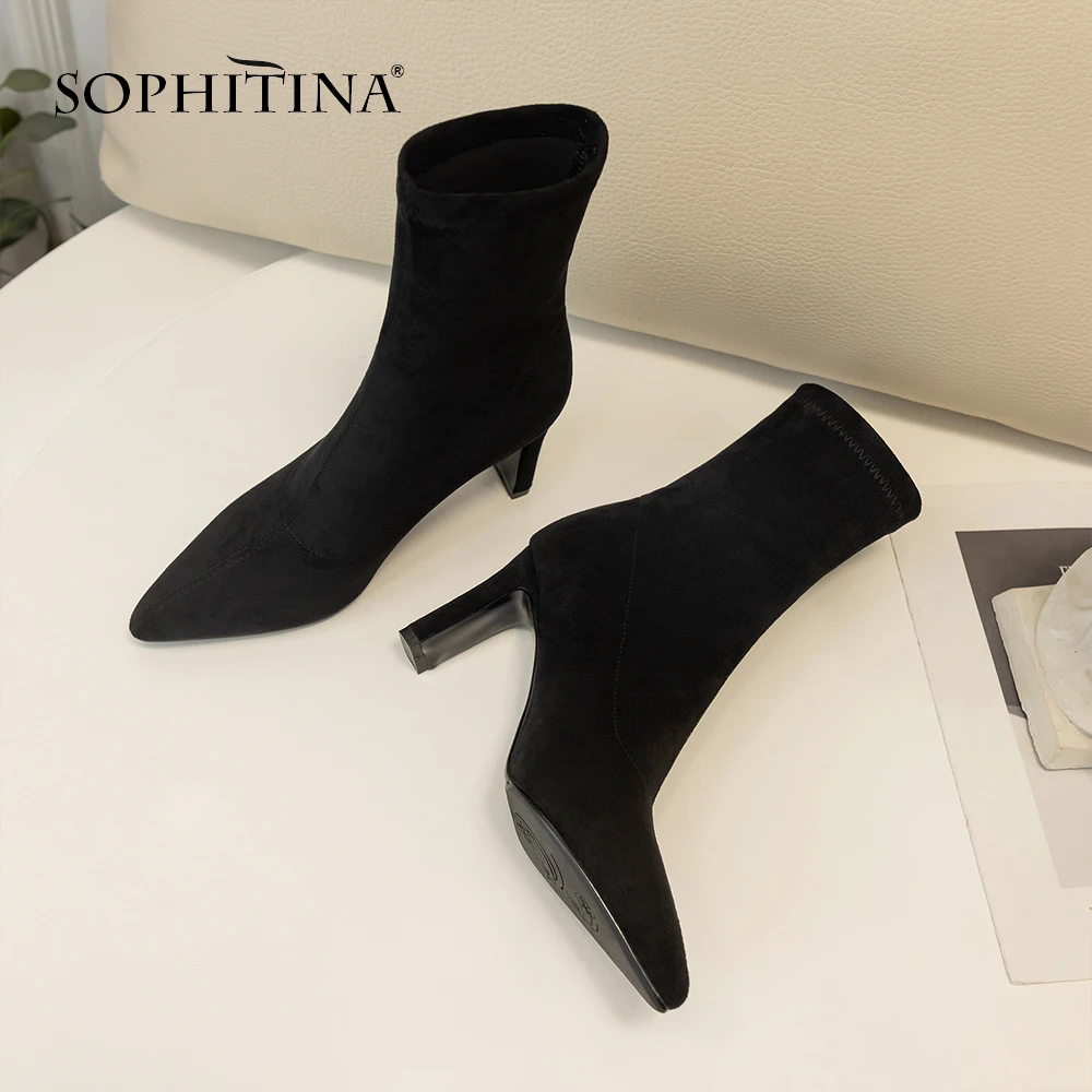 SOPHITINA/классические модные женские ботинки; Сезон Зима; Новинка; пикантная обувь ручной работы из коровьей замши с острым носком; теплые ботинки на квадратном каблуке; SO238