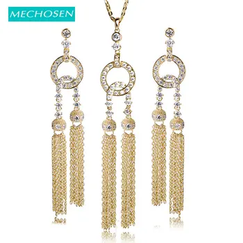 

MECHOSEN Luxury Long Tassel Jewelry Sets Necklace Earrings For Women Wedding Decorations Accessories Full Zirconia Colar Brinco