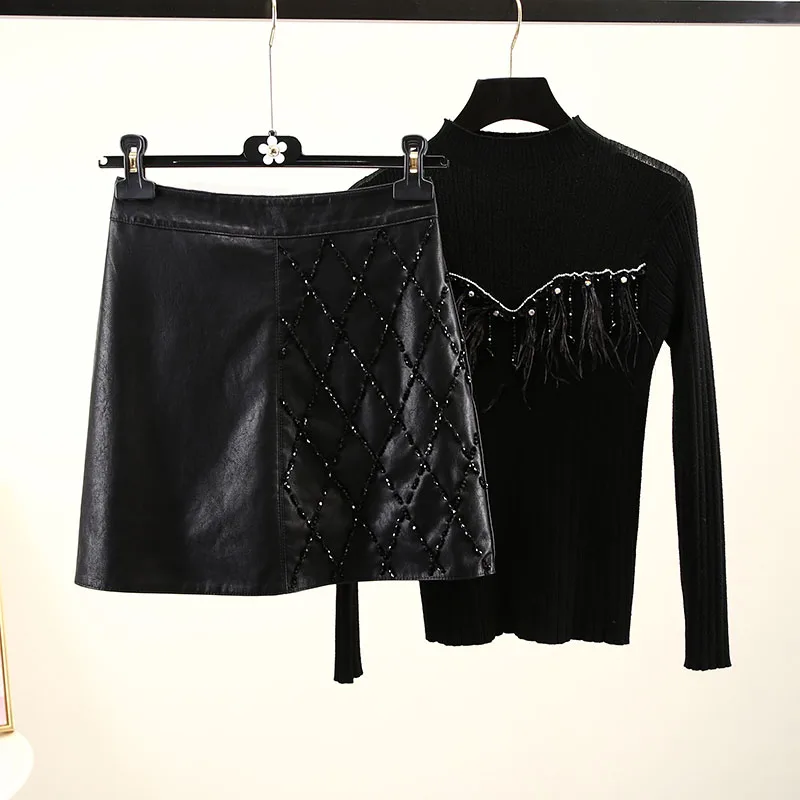 autumn and winter new temperament beaded thin high waist A word slim bag hip skirt