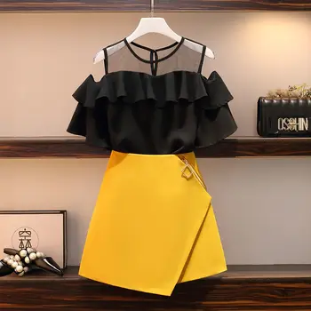 

2 Piece Sets Womens Outfits Plus Size Dress Fashion Two Piece Sets Mesh Top off shoulder Black+Yellow Short Skirts Temperament