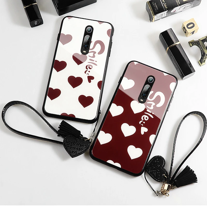 

Case & Strap For Oneplus 7 Pro 6 Case Glass Hard Phone Back Cover For Oneplus 7 one plus 6 Fashion Red Smile Heart lanyard funda