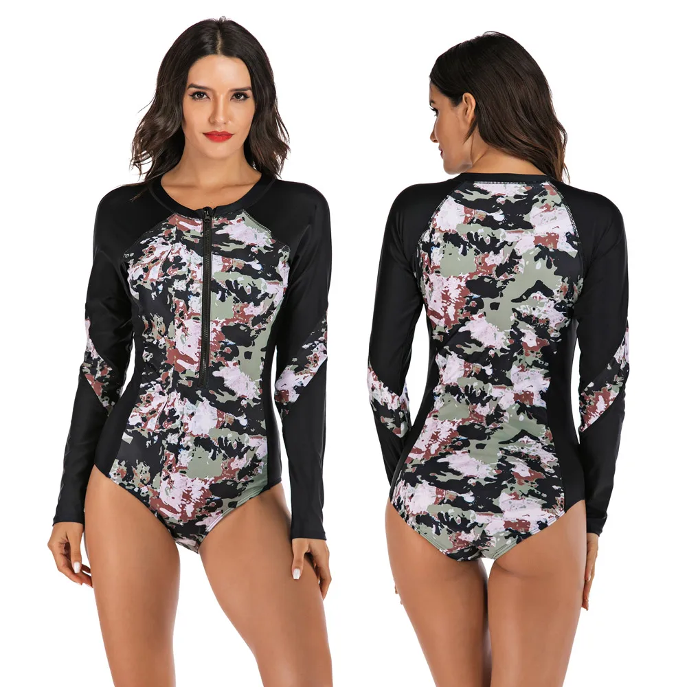 Sexy One Piece Long Sleeve Swimsuit Women Swimwear Bathing Suit Floral Print Monokini Beachwear Retro Bodysuit Female Swim