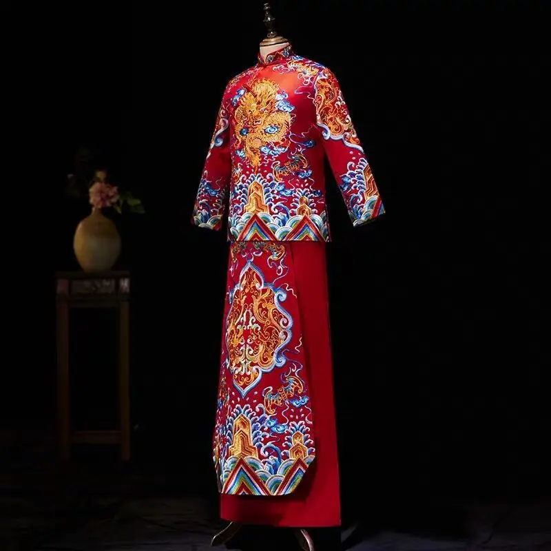 men dress Старинная королевская свадебная одежда, винтажный женский и мужской костюм с вышивкой Cheongsam, традиционный китайский свадебный костюм жениха и невесты - Цвет: men dress