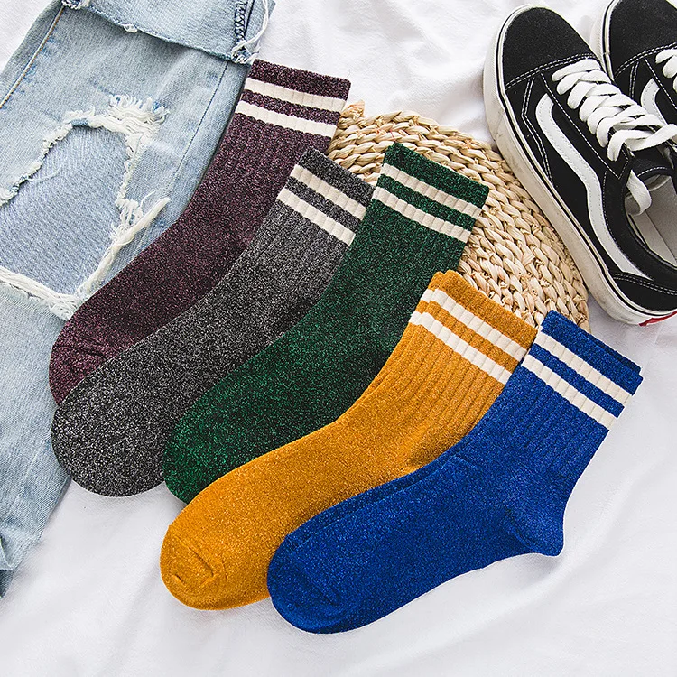 

Bling Bling Shining Socks Women Shiny Glitter Striped Women Socks High Street Trendy Rock Roll Sparkled Bright Color Socks