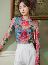 

New Spring Summer Mesh T-shirt For Women 2022 Casual Fashion O-Neck Long Sleeve Tie-dye Print Thin Base Tees Sexy Slim Tops