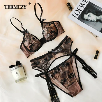 

TERMEZY Women Underwear Lingerie Set Sexy Bra Brief Sets Push up Transparent Lace Embroidery Unlined Thin Lingerie