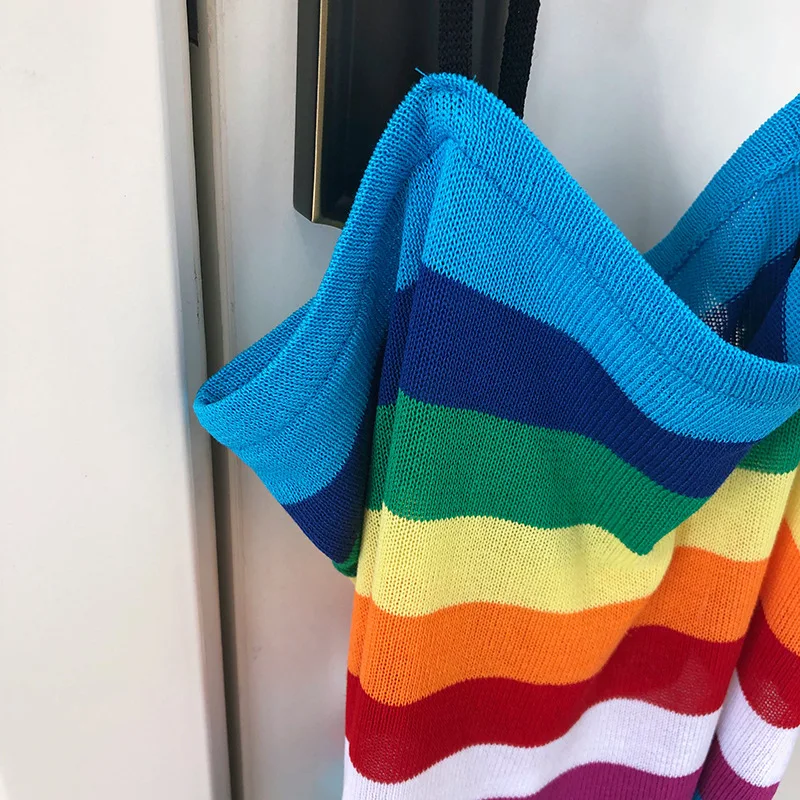 HLHPYHB Rainbow Stripes Tanks Vest Women Sexy Female Knitted Tanks Tops Summer Holiday Beach Camisole Fashion Thin Straps Camis