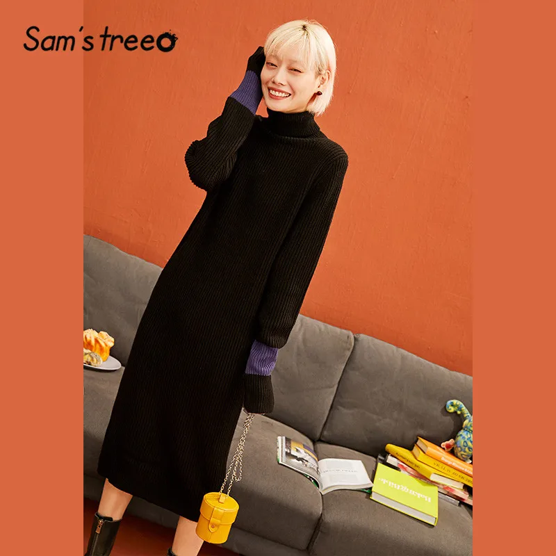 SAM'S TREE черное одноцветное минималистичное трикотажное платье для женщин зимнее абрикосовое с цветными блоками рукавами длинное офисное женское Повседневное платье