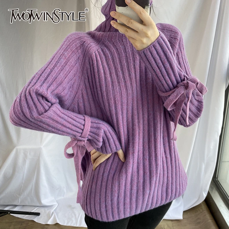 TWOTWINSTYLE повседневные женские свитера на шнуровке с бантом водолазка длинный