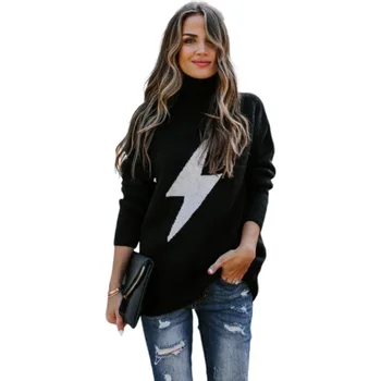 

Women Knitted Lightning Print Turtleneck Sweater 2020 New Autumn Winter Jumper Top Loose Casual Warm Femme Sweater Pullovers