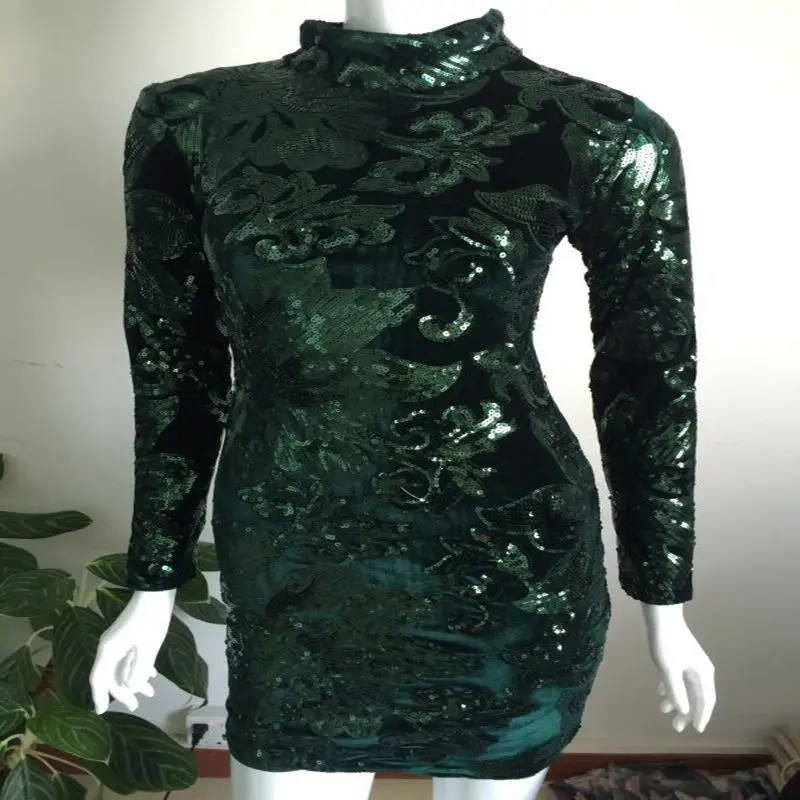 Для женщин Весна Сексуальная Bodycon вечерние платье сетка Бархат блестки Зеленый мини платье-футляр с принтом жакет на молнии с длинным рукавом, платье