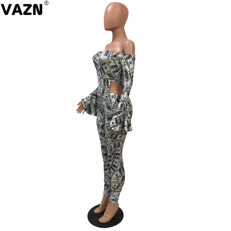 VAZN принт Slash-neck красочные новые горячие модные уличные Комбинезоны повседневные бодикон сексуальные длинные брюки тонкий длинный комбинезон