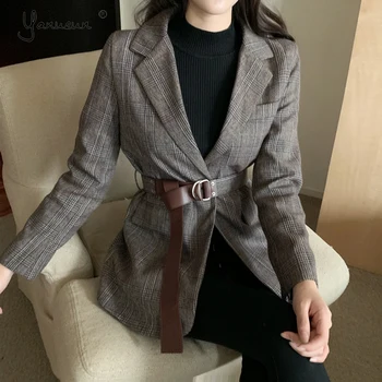 

Yanueun Autumn Winter Women Blazers Button With Belt Pockets Formal Women Jackets Outerwear Classic Vintage Coats
