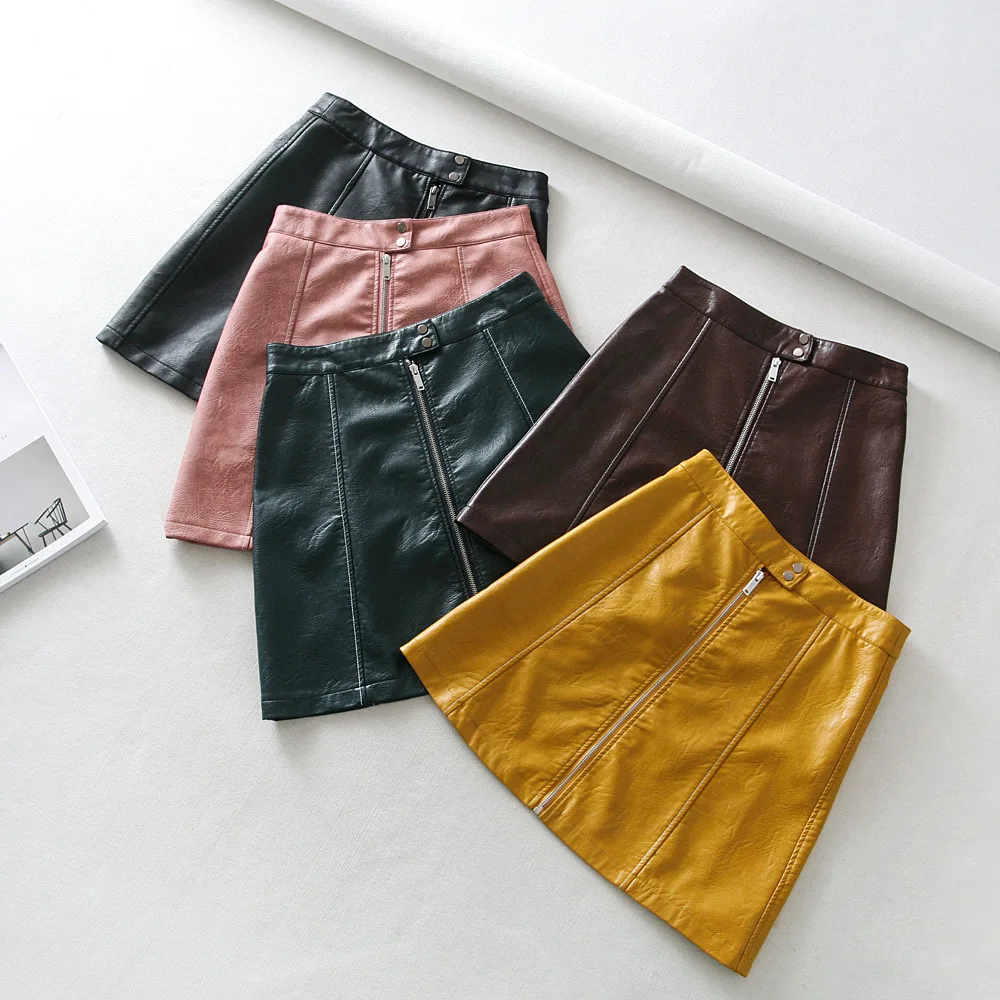 

Z-2018 Autumn & Winter-Women's Multi-color Pu Solid Color Skirt after Zipper Leather Skirt High Waist Leather Skirt