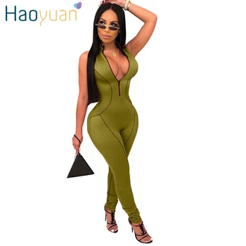 

HAOYUAN Sexy Rompers Womens Jumpsuit 2020 Fashion Clother Sleeveless One Piece Club Outfit Overalls Zipper Bodycon Jumpsuit