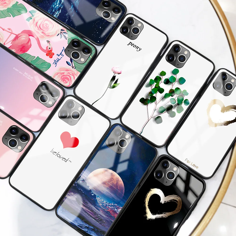 Чехол из закаленного стекла с принтом для iPhone 11 Pro MAX X XS XR звездное небо цветок чехол для iPhone 7 8 Plus 6 6s цветные Чехлы Coque