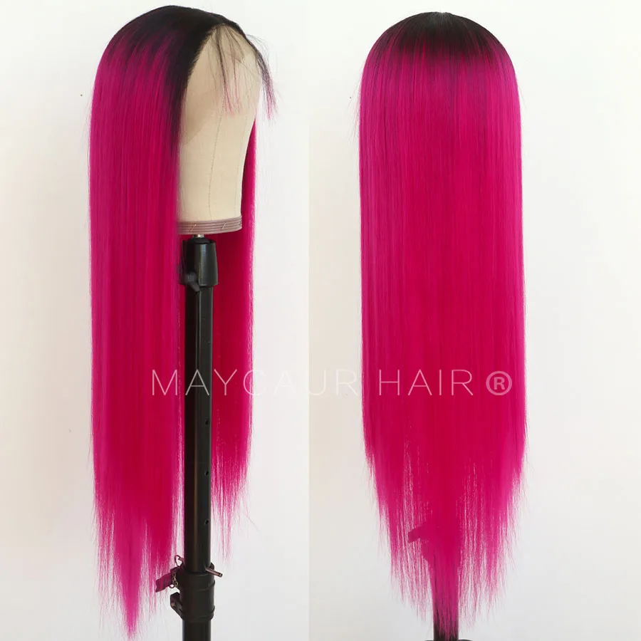 Maycaur Red Black Rose Red Color Long Straight Lace Front Wigs Heat Resistant Glueless Synthetic Hair Wigs for Women (3)
