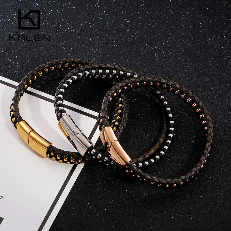 Vintage Double Layer Leather Bracelet For Men Women 19cm Stainless Steel Rose Gold Silver Link Chain Bracelet Male Jewelry