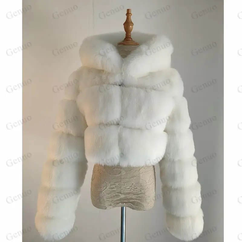 High Quality Cropped Fur Faux Fur Coats And Jackets Women Fluffy Top Coat With Hood Winter Fur Jacket Coat Female 2020 New