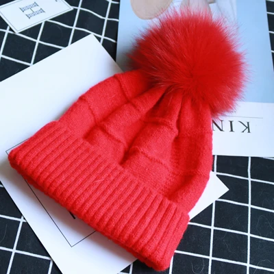 Red - Fox Pompom Зимняя винтажная вязаная женская шапка Skullies, однотонная женская бини, шапки с настоящим помпон из лисьего меха Gorro; теплый лыжный головной убор для девочек, новинка года - Цвет: Red - Fox Pompom