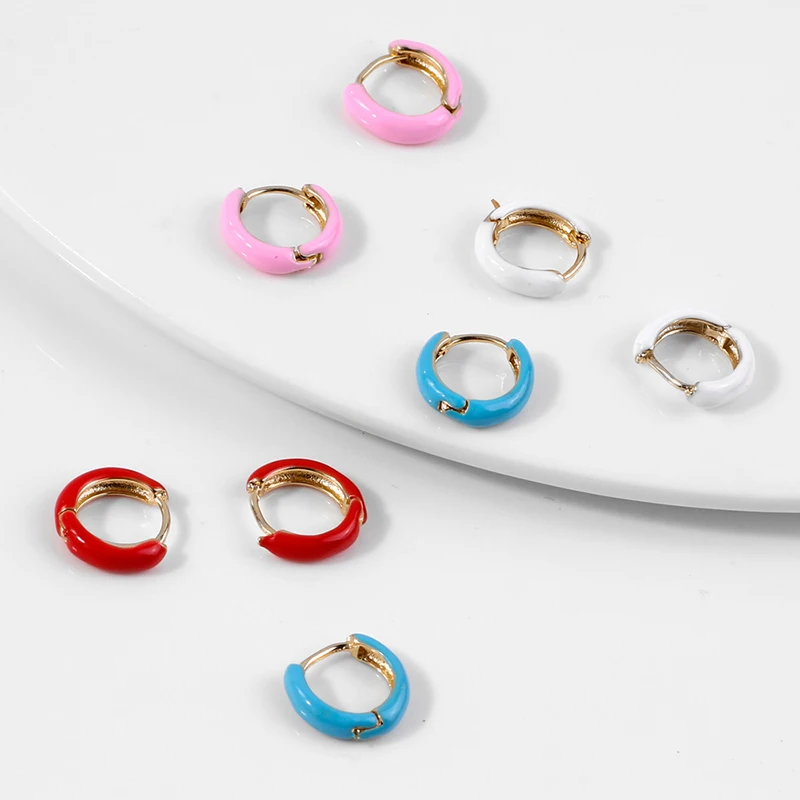 

SRCOI Neon Trendy White Pink Red Blue 4 Color Metal Small Round Paint Enamel Hoop Earrings Colorful Mini Circle Huggie Earrings