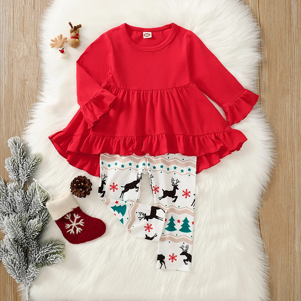 Christmas Clothes Set Baby Girls Clothes Set Toddler Kids Baby Girls Cartoon Deer Dress Tops Pants Christmas Xmas Outfits Set
