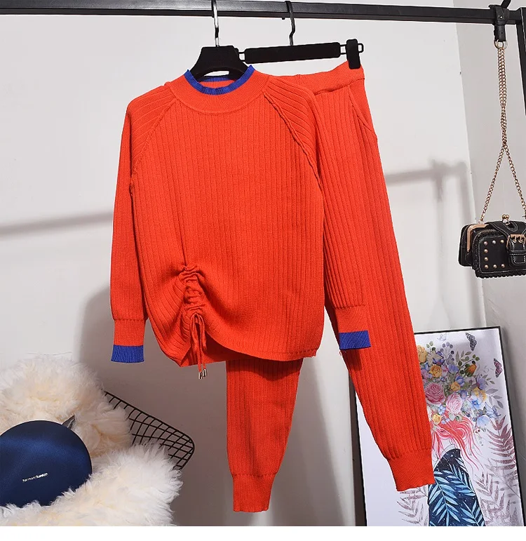 Осень-зима, новинка, Женский комплект 2 шт., модный, контрастный цвет, длинный рукав, вязаный свитер, топы+ штаны для маленьких ног, женские вязаные комплекты
